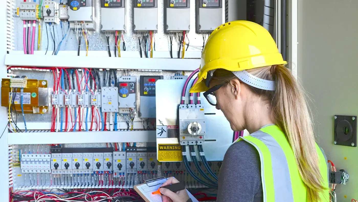 Elektrikerin mit Helm und Checkliste