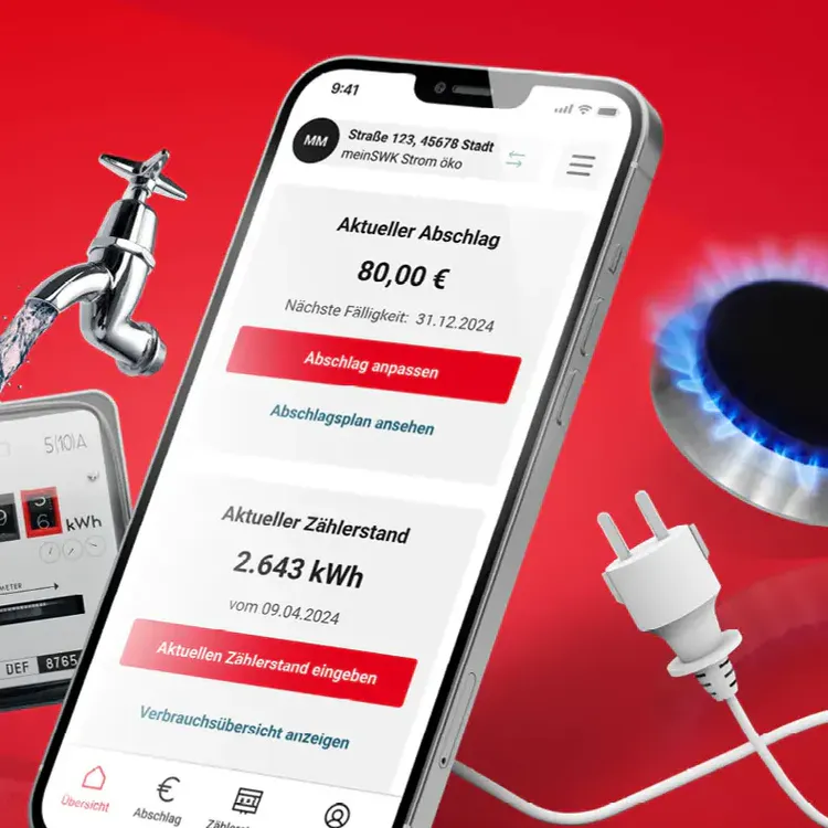 Motiv zur ENERGIE-Integration in die SWK App mit Smartphone, Zähler, Kabel, Stecker und Gasflamme