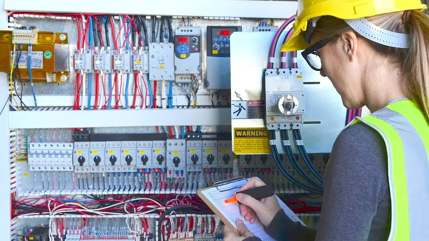 Elektrikerin vor Schaltschrank