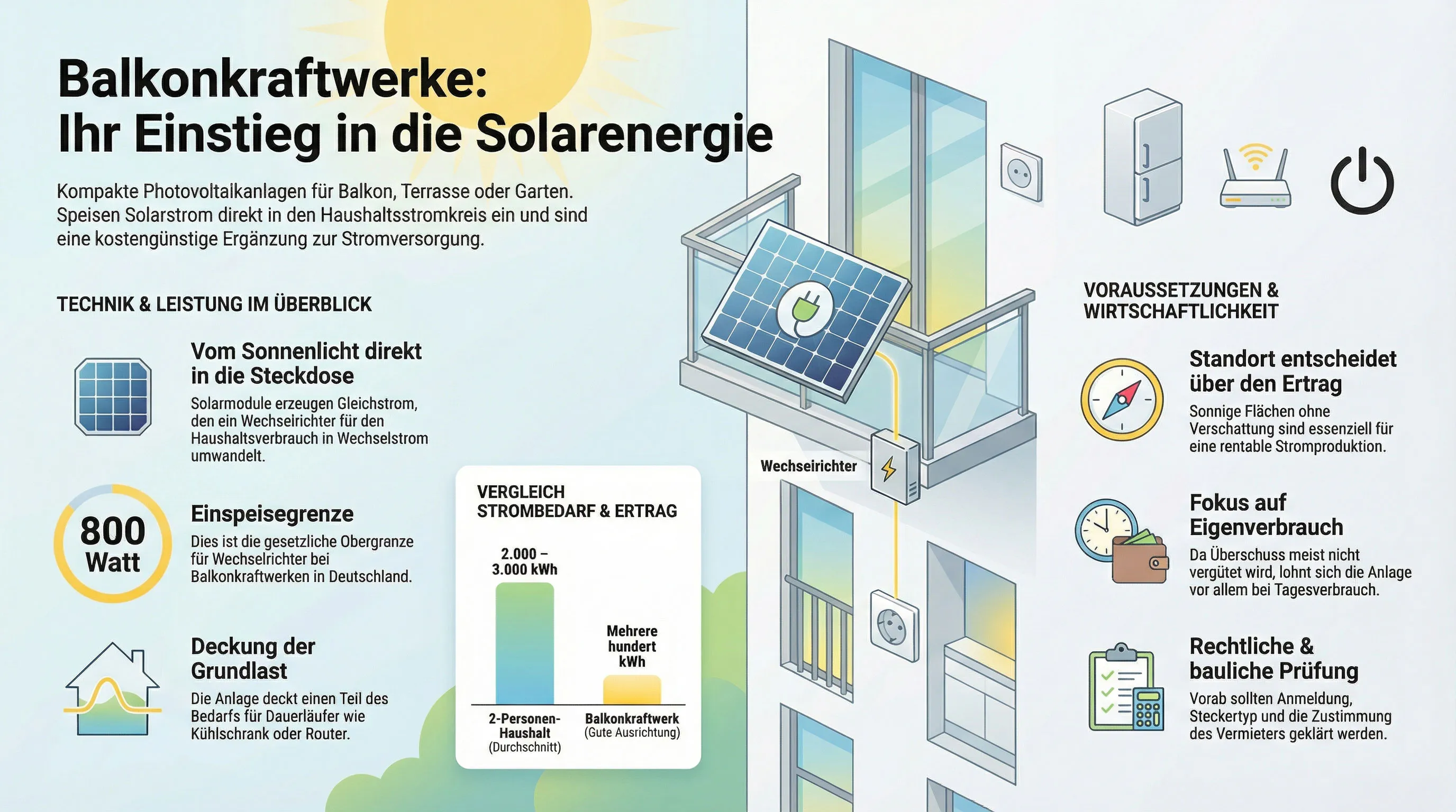 Eine Infografik zu Balkonkraftwerken, welche den Text zusammenfasst