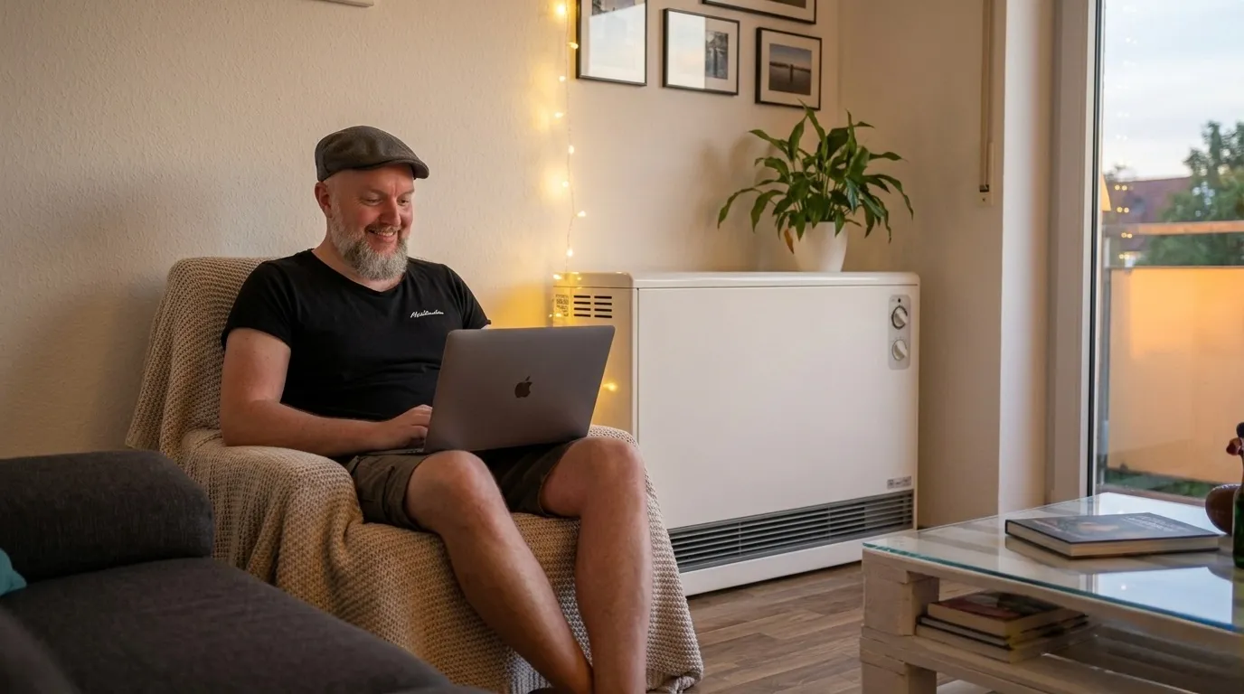 SWK Energie, der Autor des Artikels beim schreiben des Artikels neben der Nachtspeicherheizung