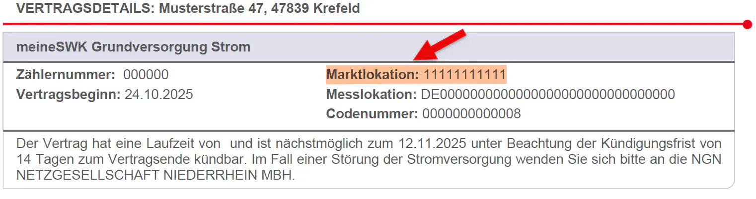 Die beispielhafte Darstellung der Marktlokationsidentifikationsnummer (kurz Ma-Lo) auf einer Stromrechnung
