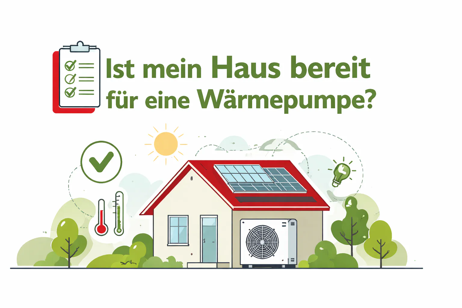 Ein Haus im Grünen, mit Photovoltaikanlage auf dem Dach, Wärmepumpe im Garten und dem Text "Ist mein Haus bereit für eine Wärmepumpe?"