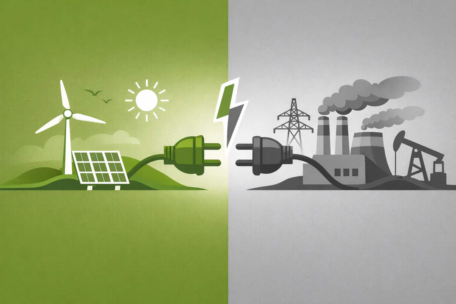 Ein Bild in dem schematisch Quellen für Ökostrom in grün und Quellen für konventionellen Strom in grau angezeigt werden.