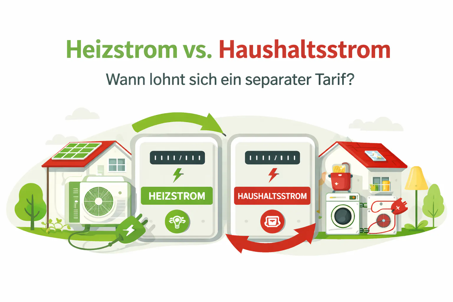 Schematische Darstellung von Heizstrom vs. Haushaltsstrom mit Häusern und typischen Verbrauchern
