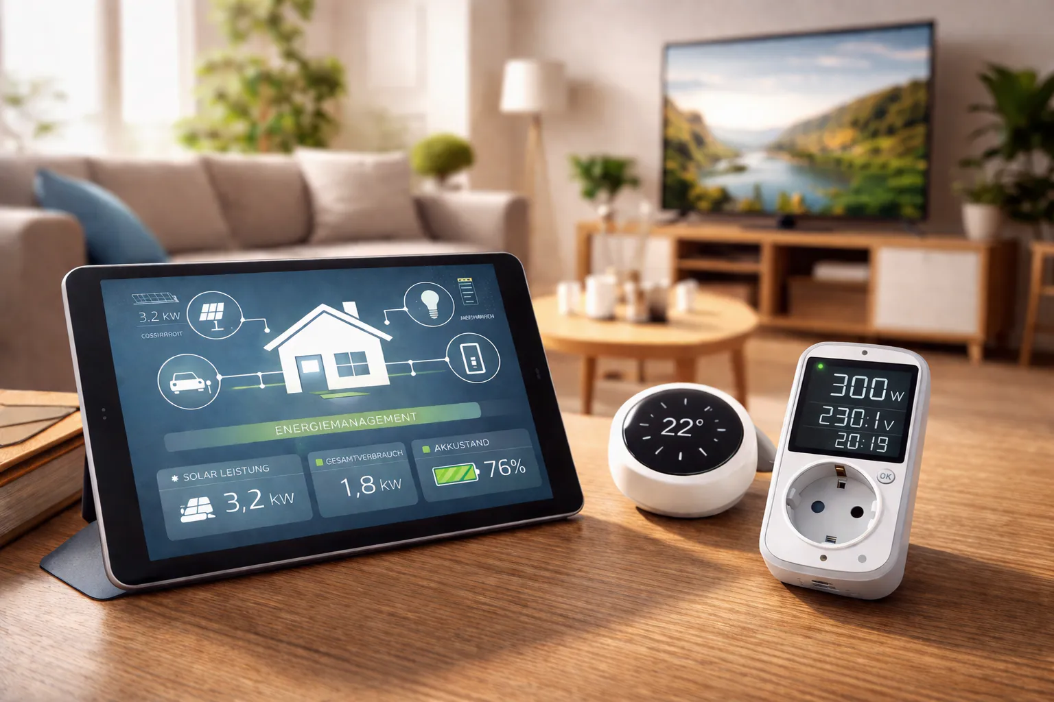 ein moderner Wohnraum mit diversen Smart Home Geräten