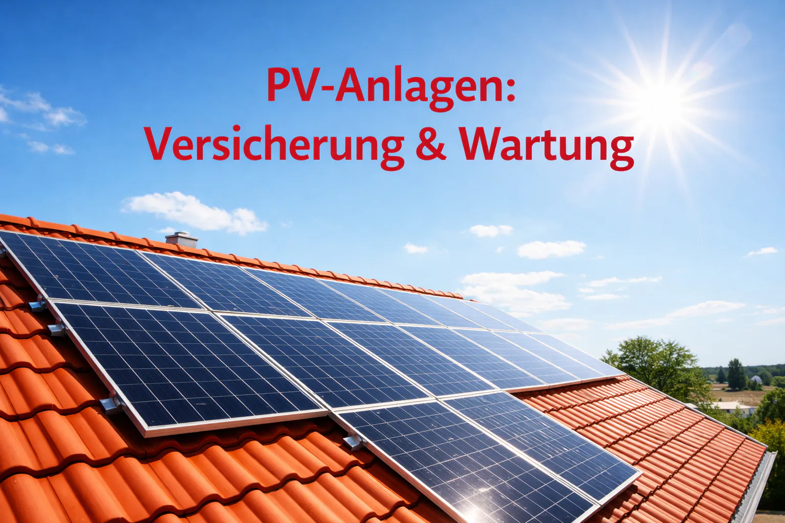 Ein Dach mit PV-Anlage und dem textlichem Overlay "PV-Anlagen: Versicherung & Wartung"