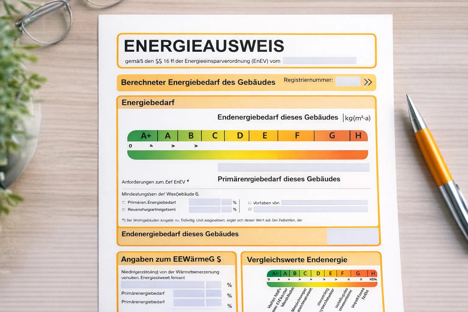 Ein beispielhafter Energieausweis liegt auf einem Schreibtisch