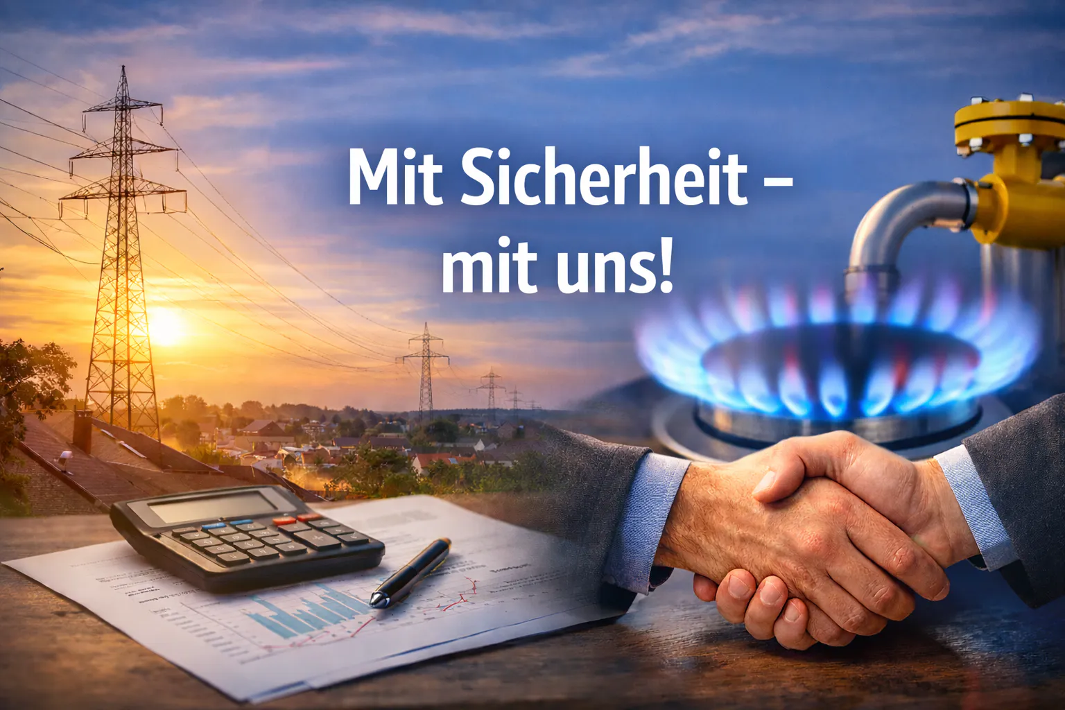 Strommast bei Sonnenuntergang, Gasflamme und Handschlag als Symbol für stabile Energieversorgung und Vertrauen – mit dem Slogan „Mit Sicherheit - mit uns!“