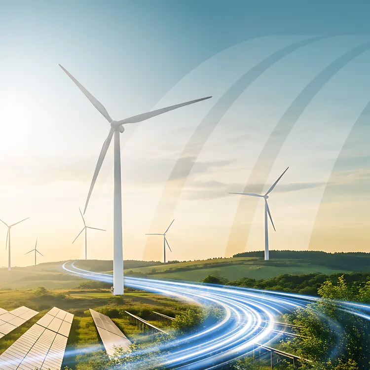 Windpark, Solaranlagen und Stromlinien in weitläufiger Landschaft, im Hintergrund SWK-Logobögen