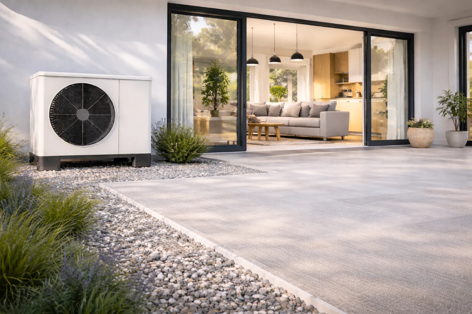 Moderne Wärmepumpe an einem Einfamilienhaus in Krefeld mit Blick in einen hellen Wohnbereich