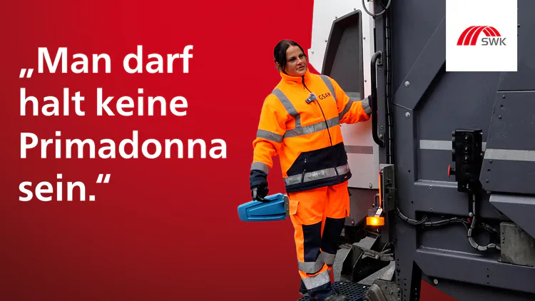 Thumbnail mit Zitat von GSAK-Müllwerkerin, sie steht auf dem Müllwagen auf rotem Hintergrund