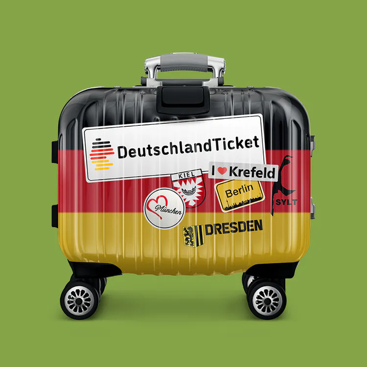 D-Ticket Koffer der SWK auf grünem Hintergrund