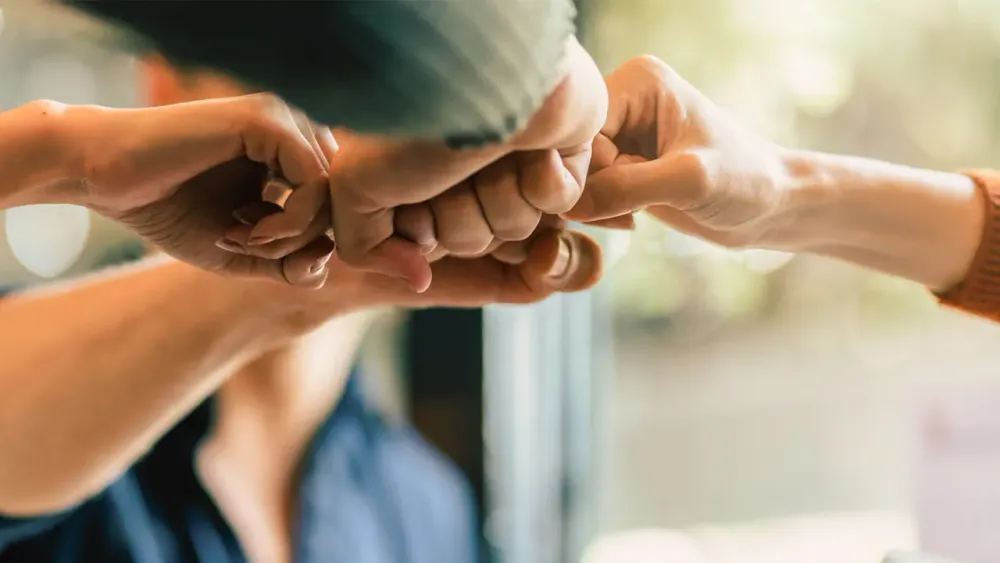 Wir Menschen halten vier Fäuste aneinander