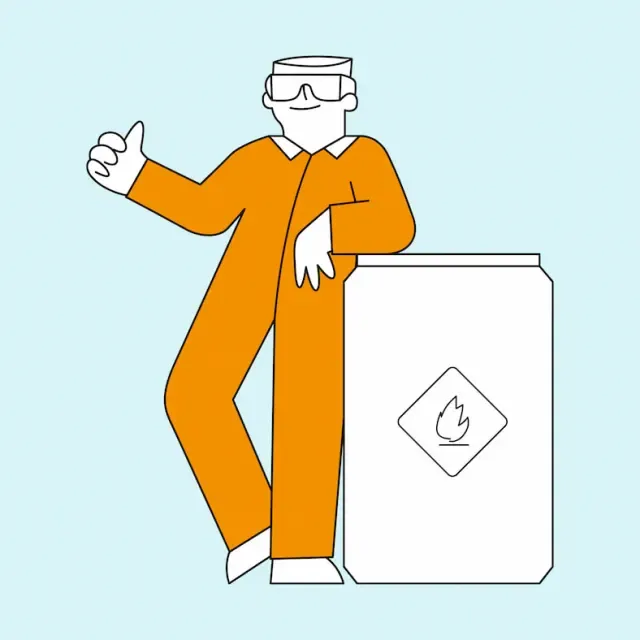 Illustration Mann lehnt an einem Fass mit entflammbarer Flüssigkeit