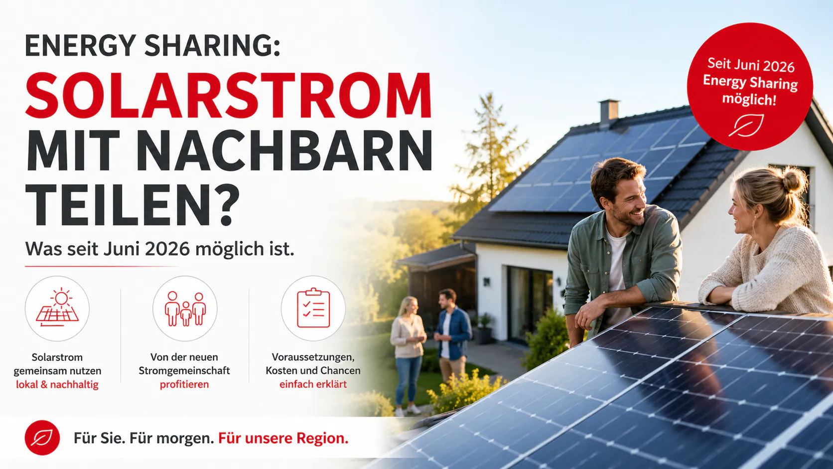 Energy Sharing 2026: Haushalte teilen Solarstrom aus einer Photovoltaikanlage innerhalb einer lokalen Stromgemeinschaft.