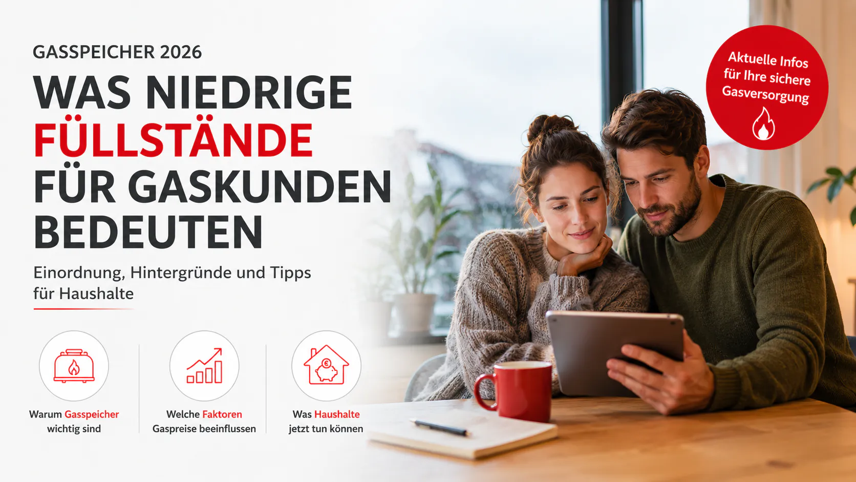 Headerbild zum Thema Gasspeicher 2026: Ein Haushalt informiert sich über Gasversorgung, Speicherfüllstände, Gaspreise und mögliche Auswirkungen auf Heizkosten.