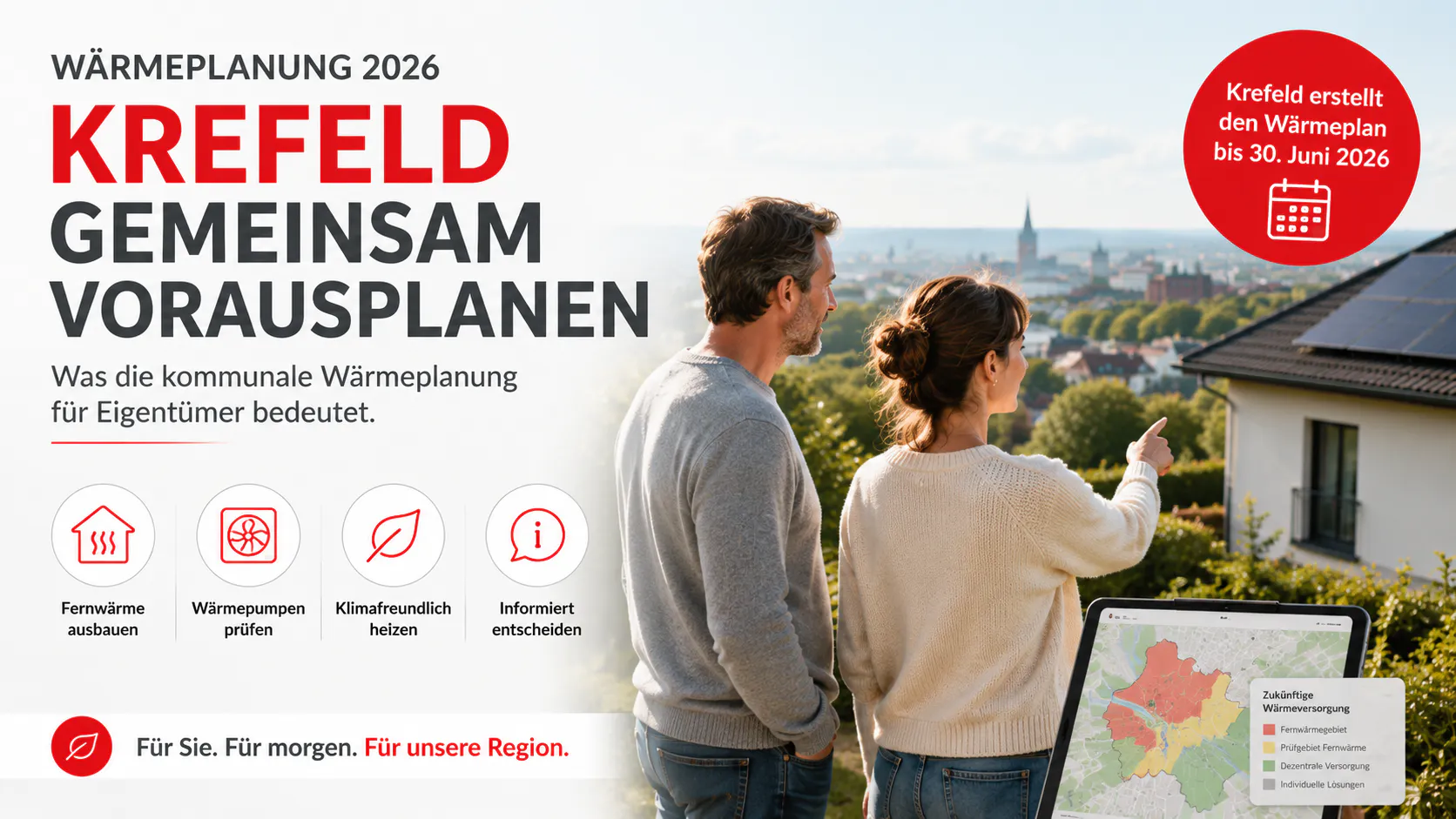 Eigentümer prüfen die kommunale Wärmeplanung in Krefeld und informieren sich über Fernwärme, Wärmepumpe und künftige Heizungsoptionen.