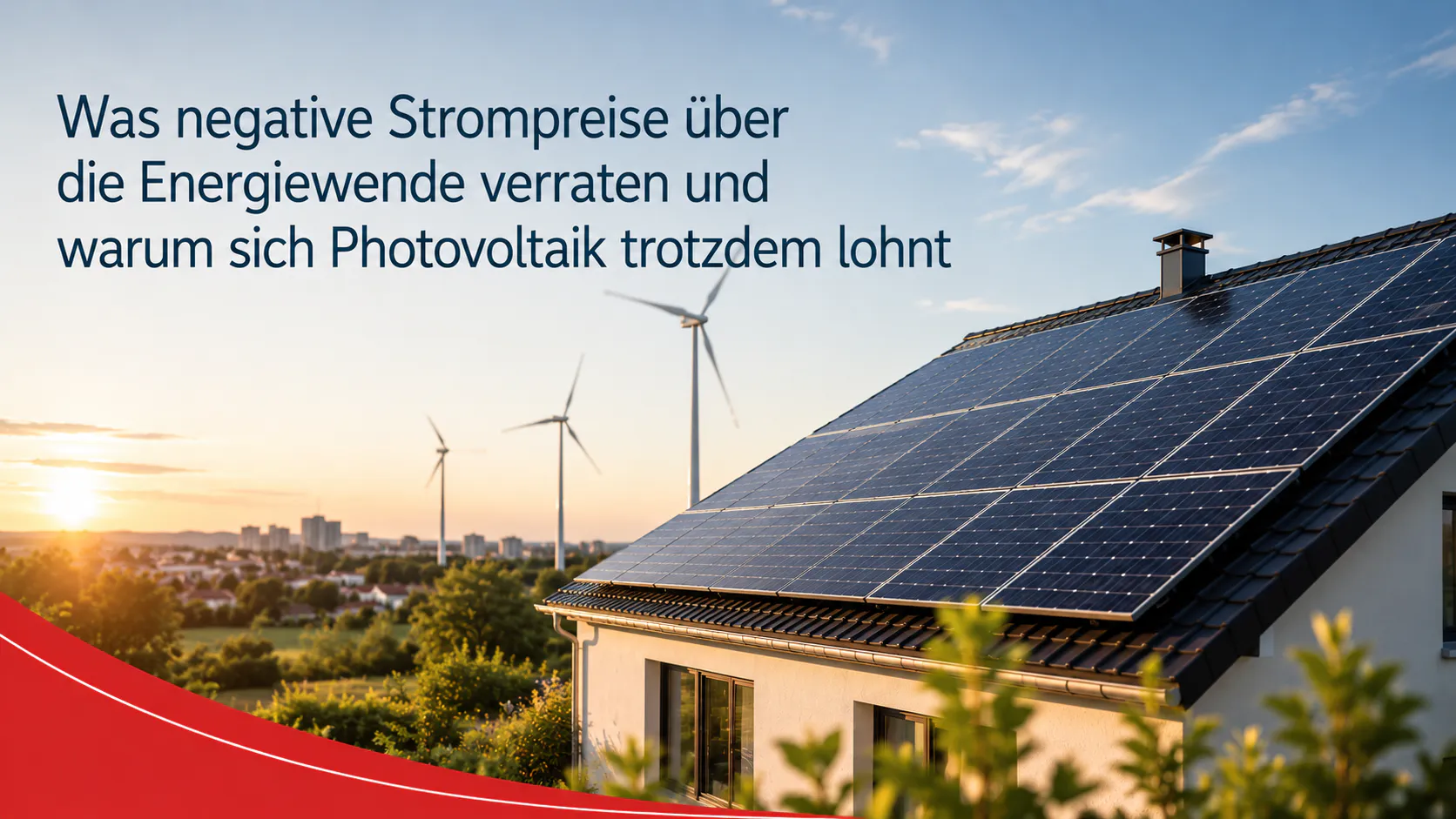 Photovoltaikanlage auf einem Hausdach bei Sonnenuntergang mit Windrädern im Hintergrund und dem Titel „Was negative Strompreise über die Energiewende verraten und warum sich Photovoltaik trotzdem lohnt“