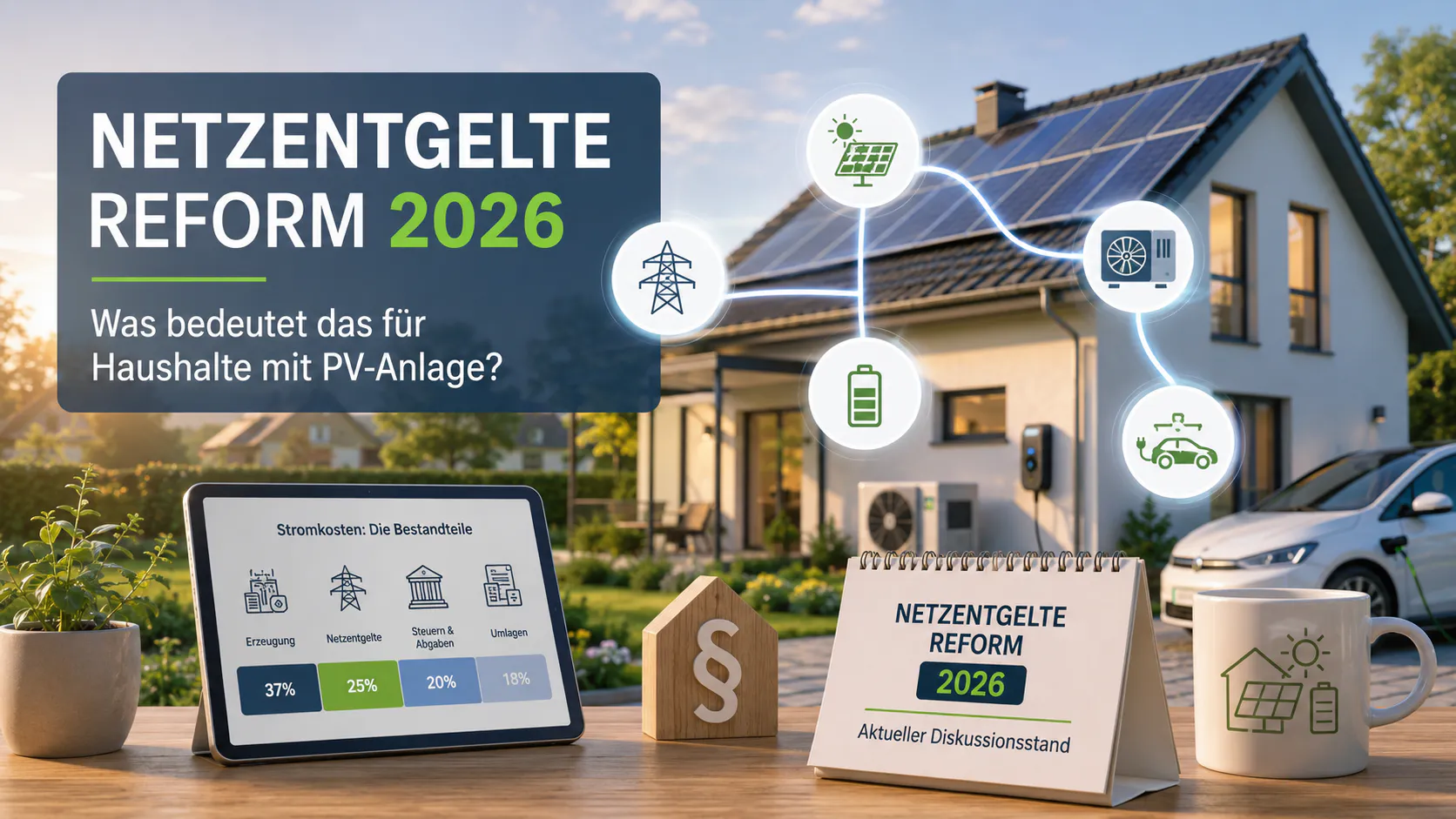 Modernes Einfamilienhaus mit Photovoltaik-Anlage, Wallbox und Wärmepumpe. Die Grafik erklärt die diskutierte Netzentgelte-Reform 2026 und mögliche Auswirkungen auf Haushalte mit PV-Anlage.