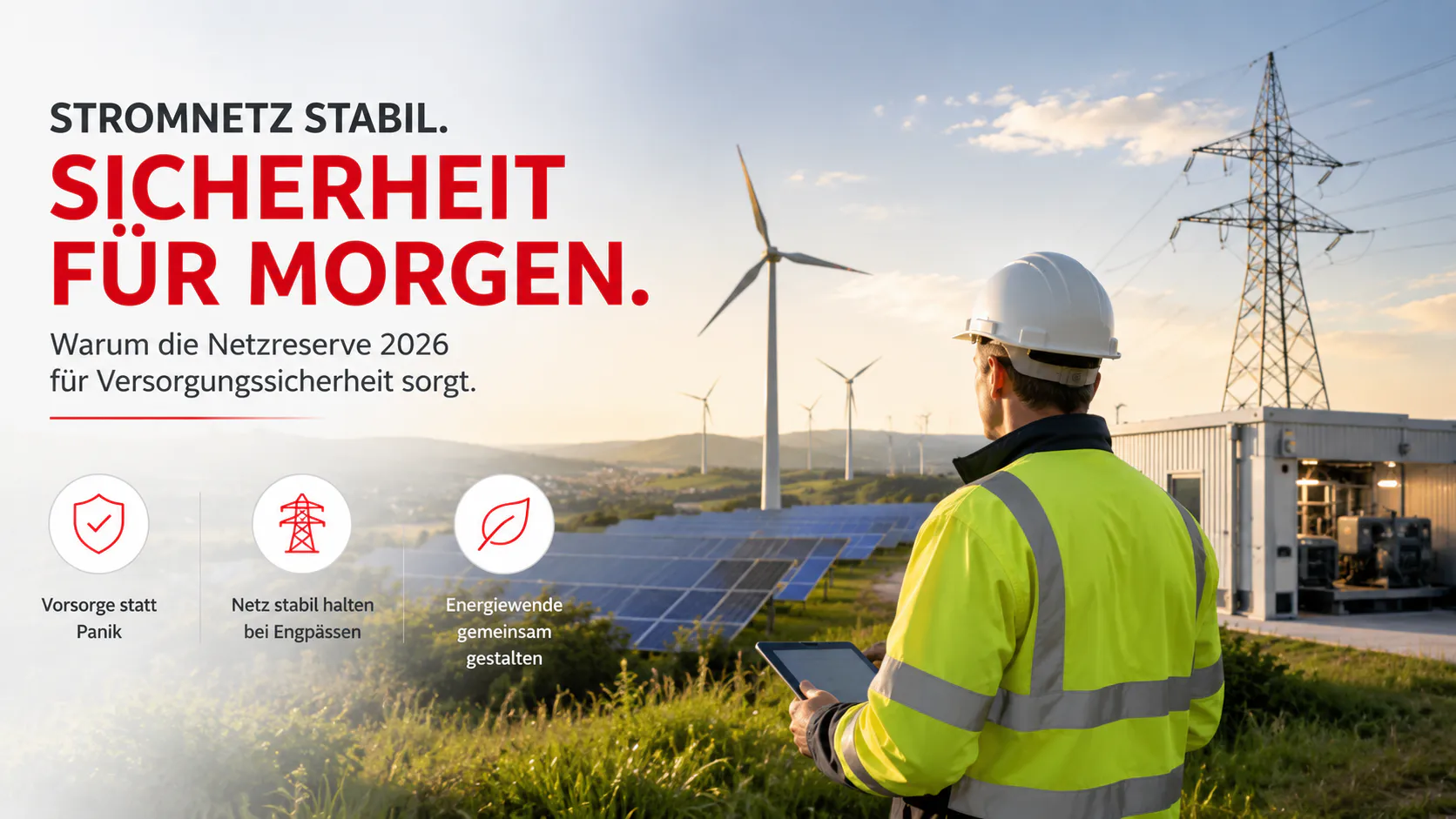 Techniker überwacht Stromnetz und erneuerbare Energien. Das Bild veranschaulicht die Netzreserve 2026 als Vorsorgeinstrument für Versorgungssicherheit und ein stabiles Stromnetz in Deutschland.