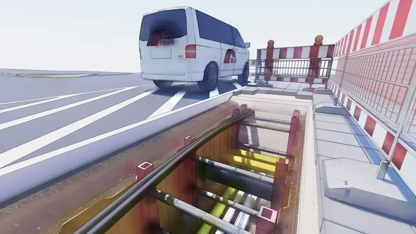 Grafik mit NGN Fahrzeug in einer Baustelle
