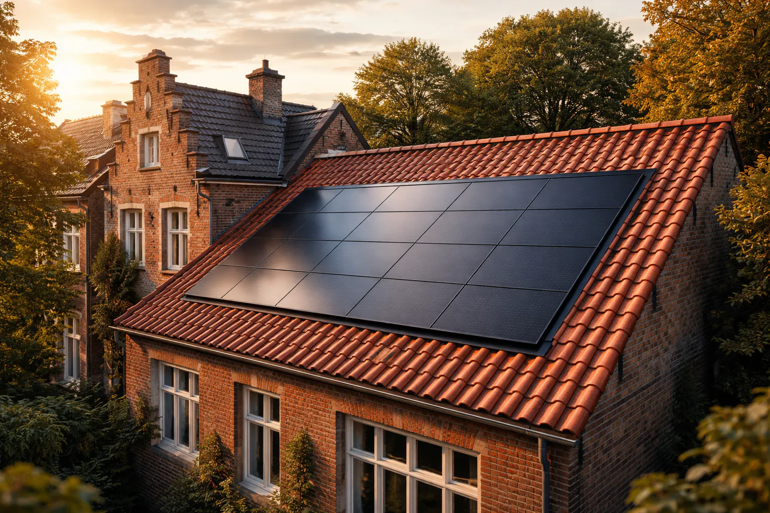 „Unauffällig integrierte Photovoltaikanlage auf dem Dach eines historischen Altbaus in Krefeld bei warmem Abendlicht“ beispielhafte Daarstellung