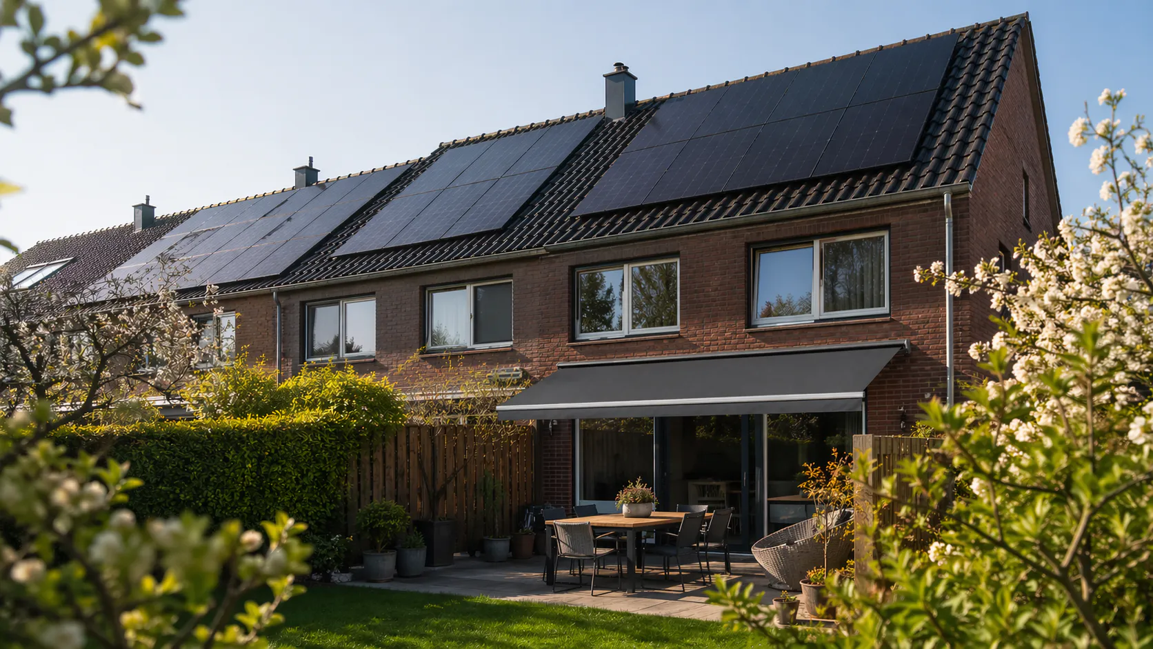 Photovoltaikanlage auf einem Reihenhaus in Krefeld mit schwarzer PV Anlage auf dem Dach, Terrasse mit Markise und Garten in frühlingshafter Umgebung