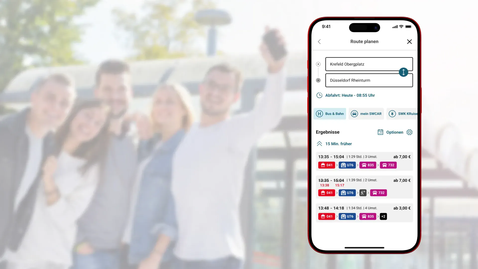 Auf einer praktischen Übersicht bekommen Sie Ihre Fahrt mit allen Verbindungen und Anschlusszeiten angezeigt. Und wenn es mal eine Verspätung gibt, wissen Sie mit der SWK App sofort Bescheid.