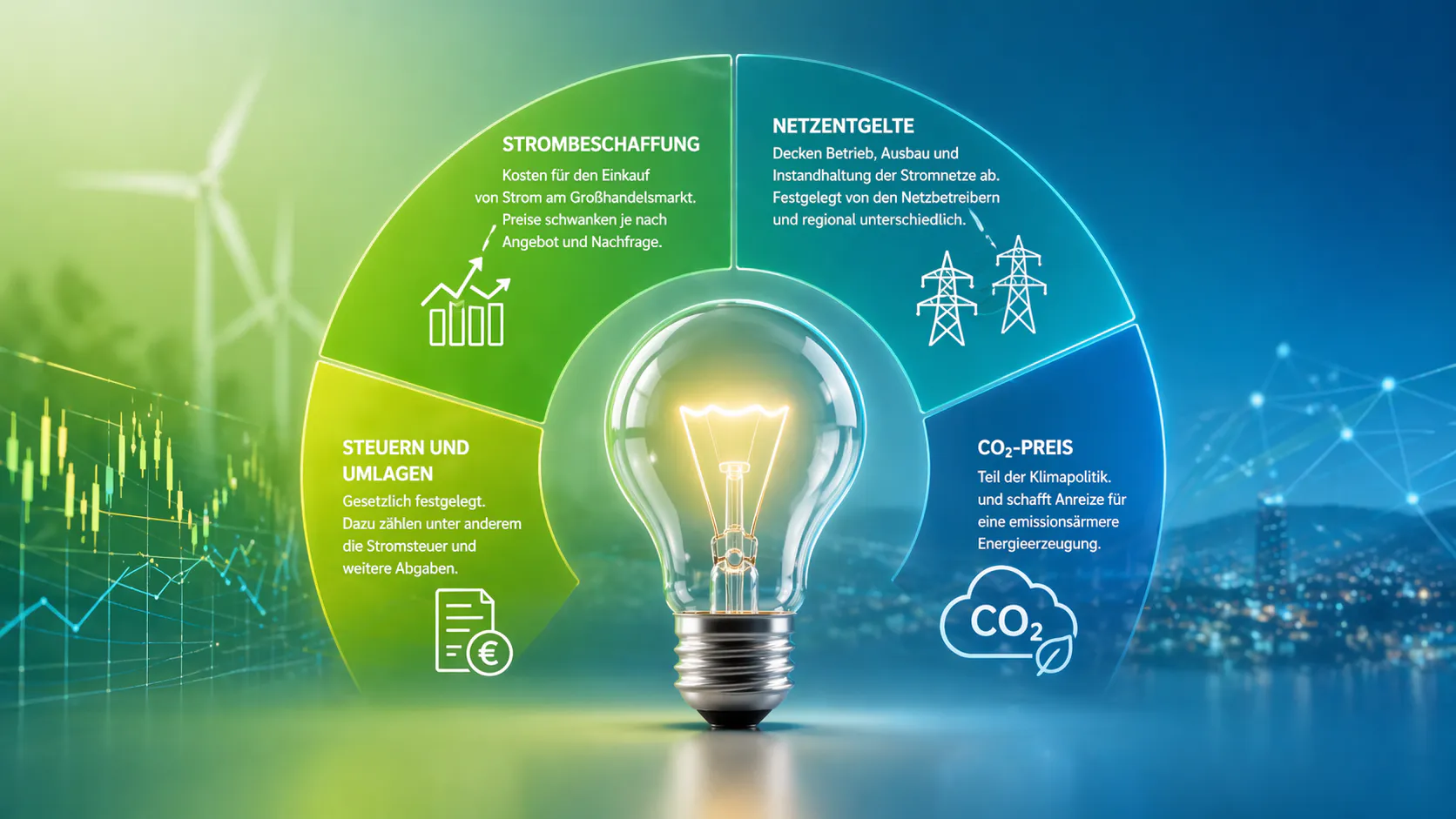 „Übersicht der Strompreis Bestandteile. Visualisiert sind Strombeschaffung, Netzentgelte, Steuern und Umlagen sowie der CO2 Preis als Einflussfaktoren auf den Strompreis“