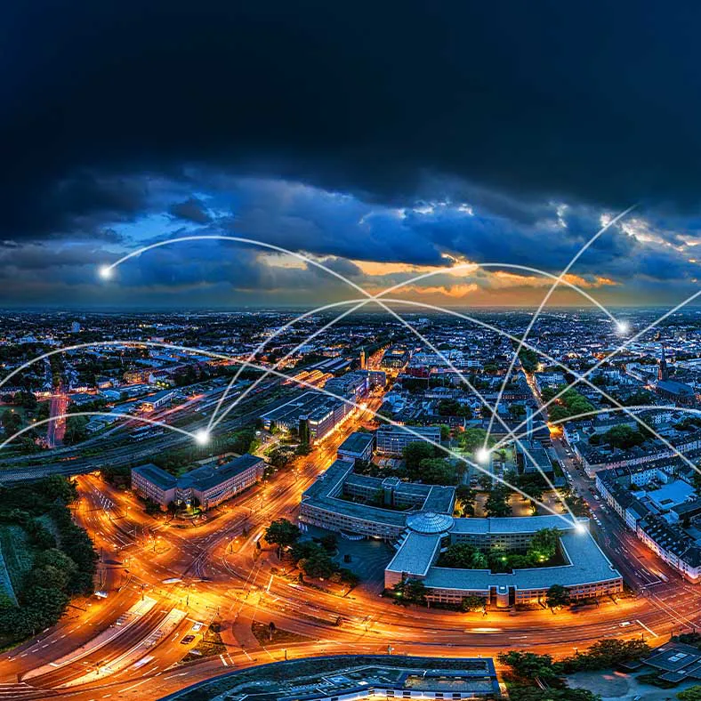 Digitale Vernetzung auf Luftaufnahme von Krefeld