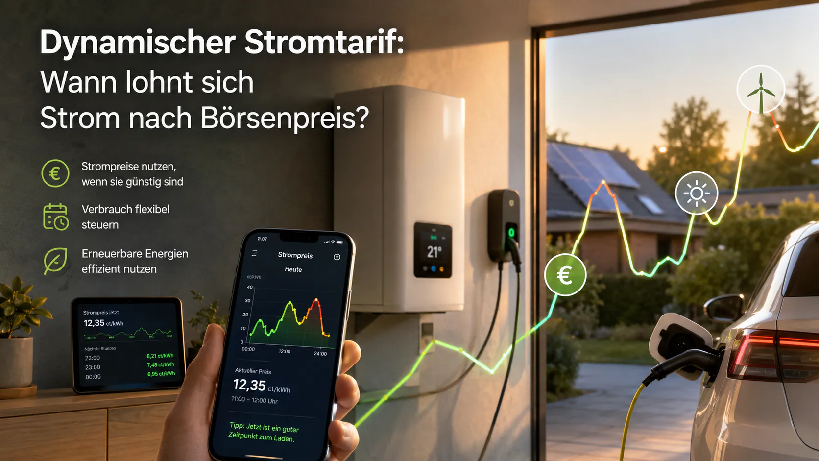 Smart Home mit dynamischem Stromtarif: Ein E-Auto lädt an der Wallbox, während eine App aktuelle Strompreise und flexible Stromnutzung zeigt.