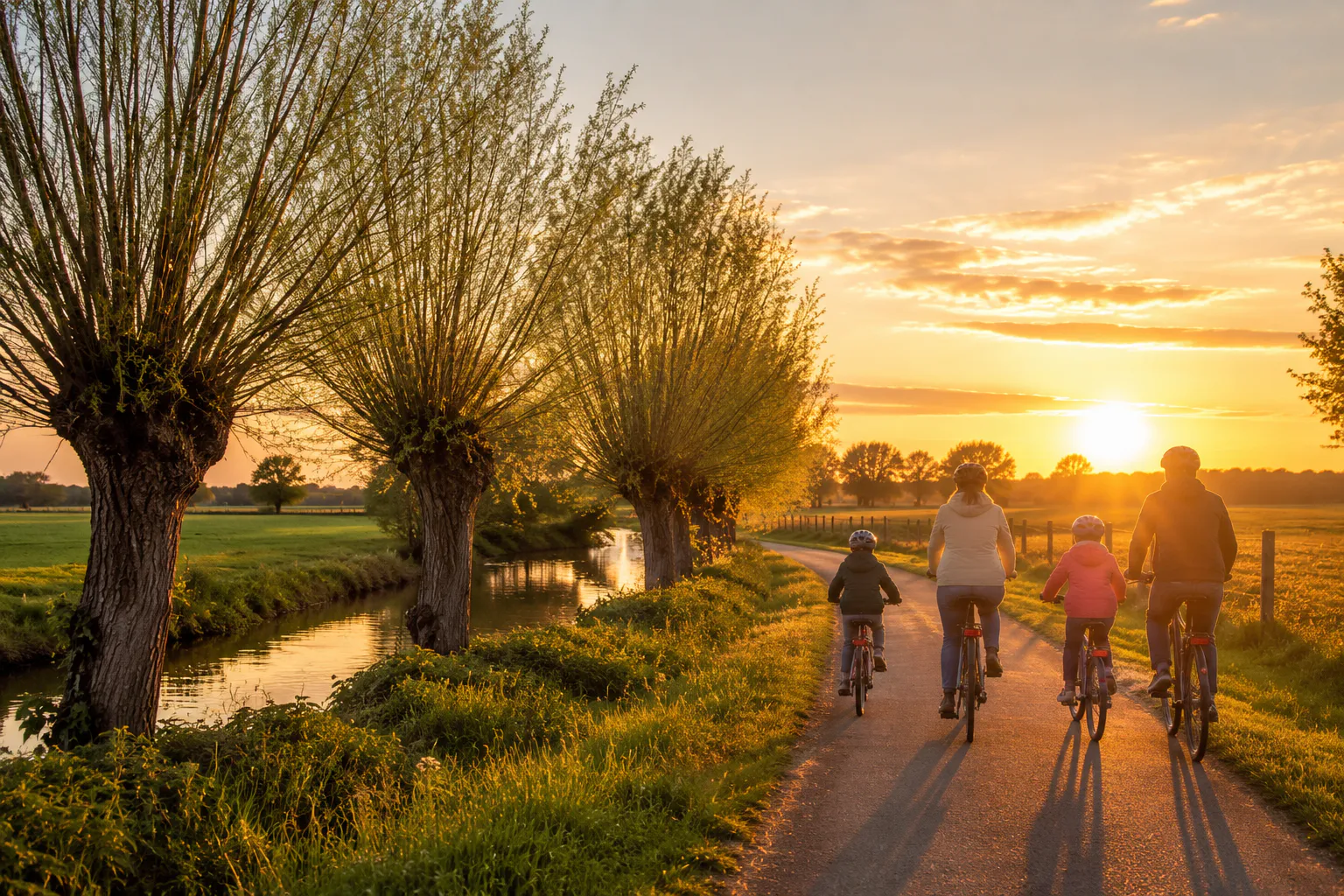 Eine Familie fährt bei Sonnenuntergang mit dem Fahrrad entlang eines Bachs mit typischen Kopfweiden am Niederrhein. Das Bild symbolisiert regionale Verbundenheit, nachhaltige Mobilität und die Lebensqualität der Region, für die sich die SWK täglich engagiert.