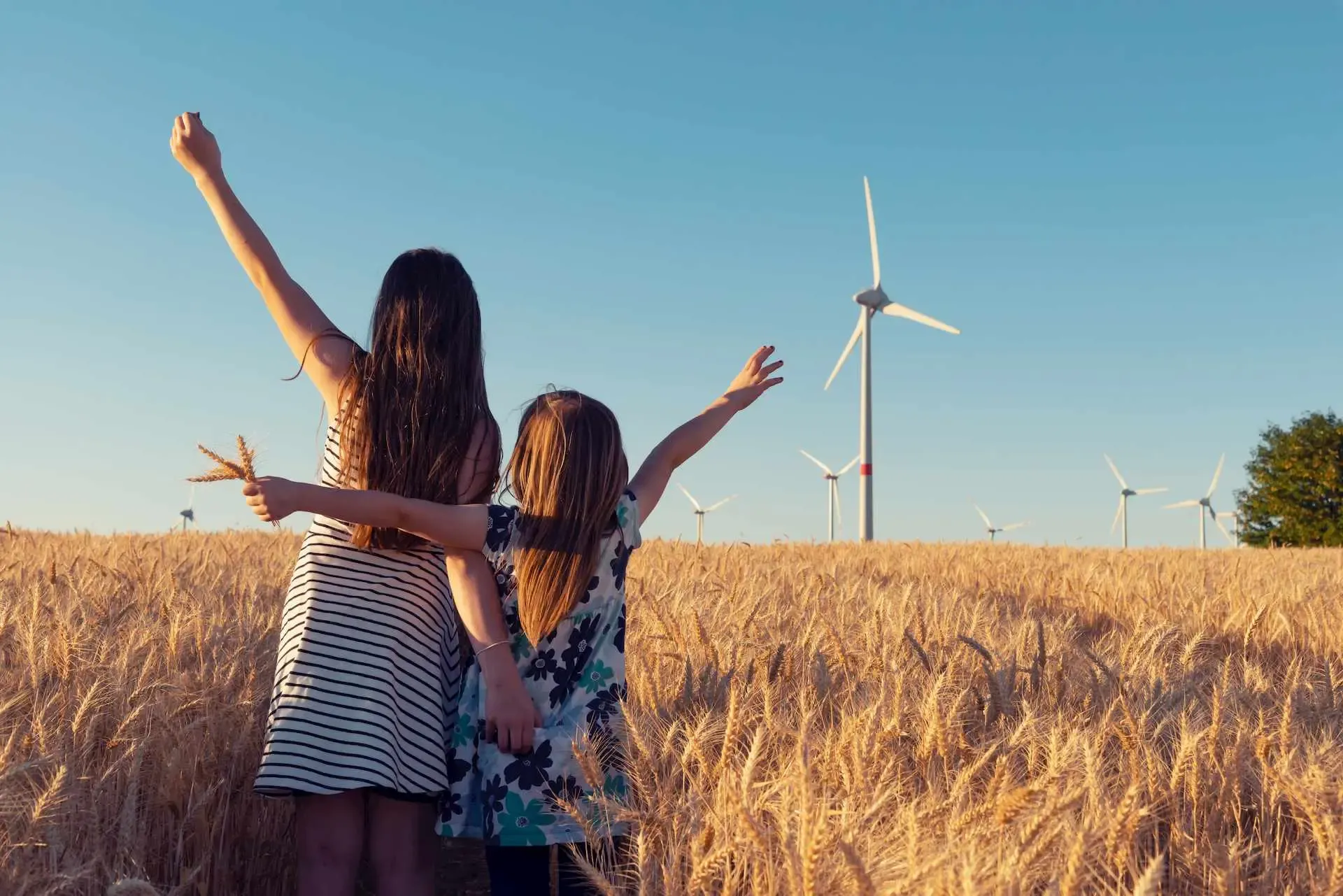 Kinder stehen im Kornfeld mit Windrädern im Hintergrund