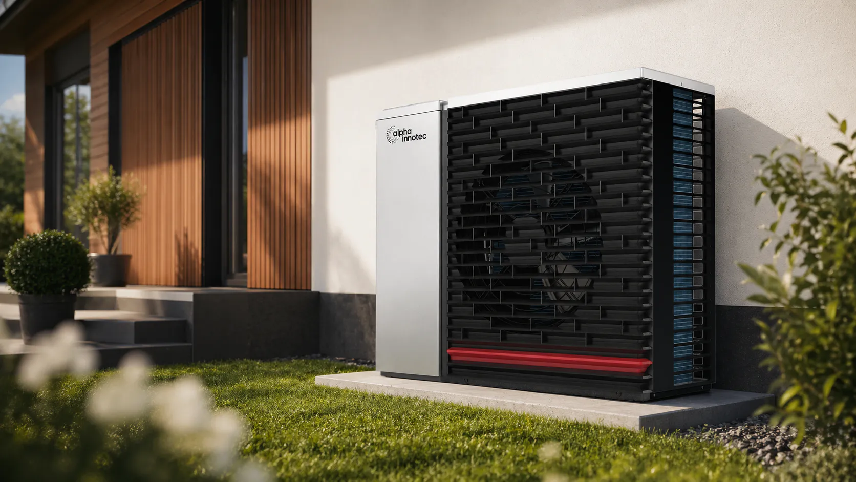 Moderne Wärmepumpe neben einem Einfamilienhaus im Garten, installiert als energieeffiziente Heizlösung