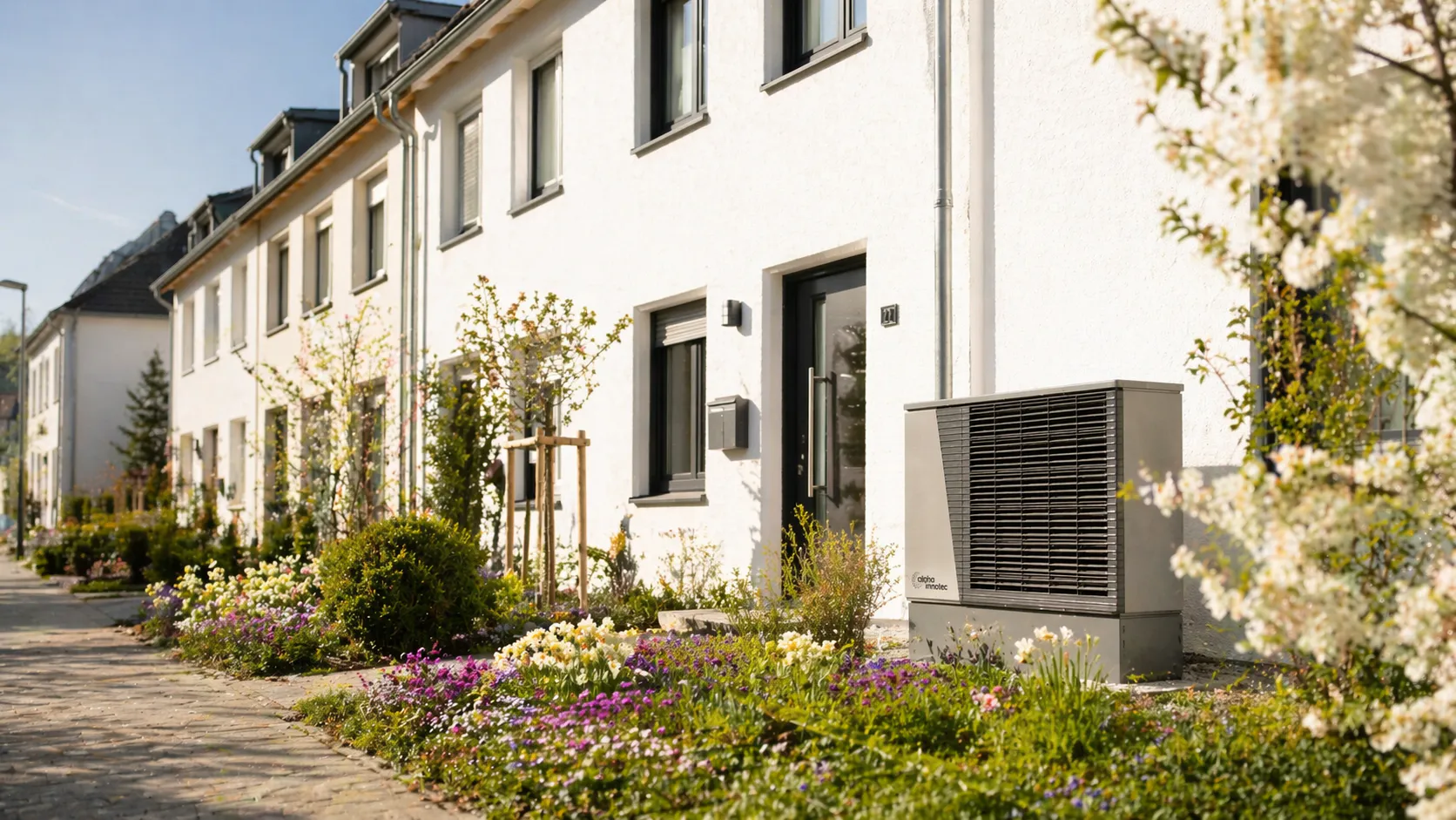 Wärmepumpe im Vorgarten eines Reihenhauses in NRW mit frühlingshafter Bepflanzung und moderner Außenanlage SWK ENERGIE