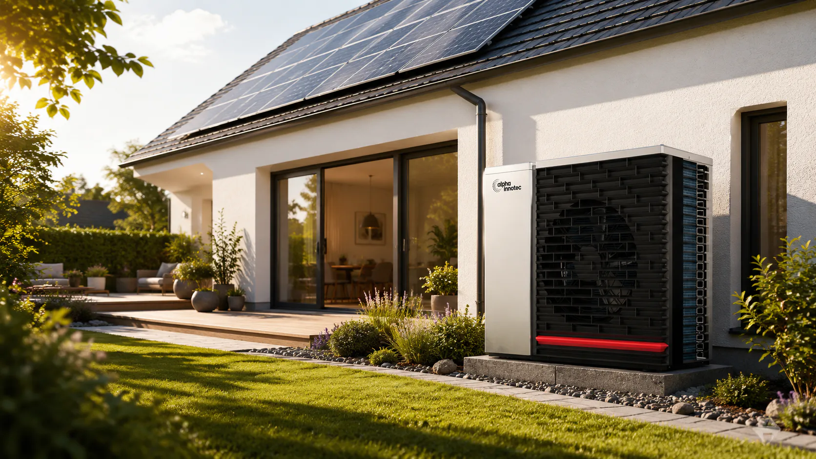 Moderne Wärmepumpe vor einem Einfamilienhaus mit Photovoltaikanlage auf dem Dach