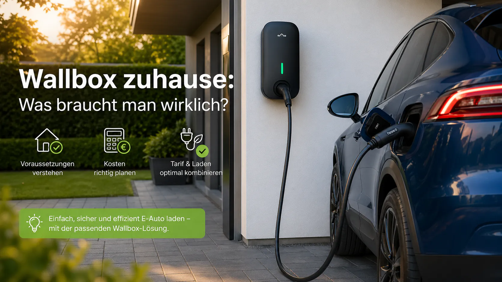 E-Auto lädt an Wallbox zuhause in einer Garage eines Einfamilienhauses mit angeschlossenem Stromkabel