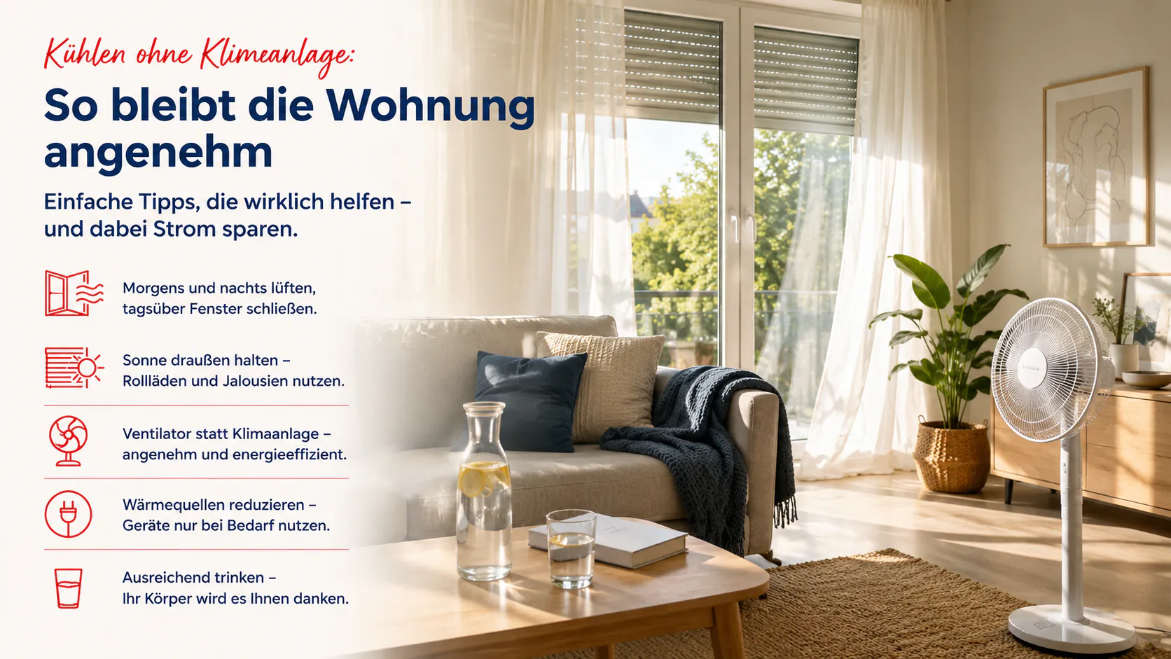 Heller Wohnraum an einem Sommertag mit geschlossenem Sonnenschutz, geöffnetem Ventilator und Wasserkaraffe auf dem Tisch. Die Grafik zeigt praktische Tipps, wie sich die Wohnung ohne Klimaanlage angenehm kühl halten und gleichzeitig Strom sparen lässt.